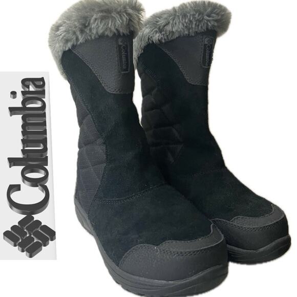 COLUMBIA BOOTS 200 GRAMS WINTER SNOW BLACK COZY FAUX FUR/ LEATHER SZ 7 GOTHCORE - Picture 1 of 13